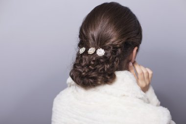 Güzellik Düğün Gelin kadın portre onun b ile beyaz kürk paltolu