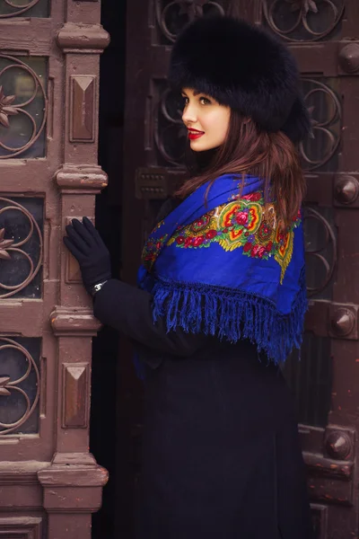 Piękna brunetka szlachcianka rosyjski na zewnątrz na jesienny dzień. Odp — Zdjęcie stockowe