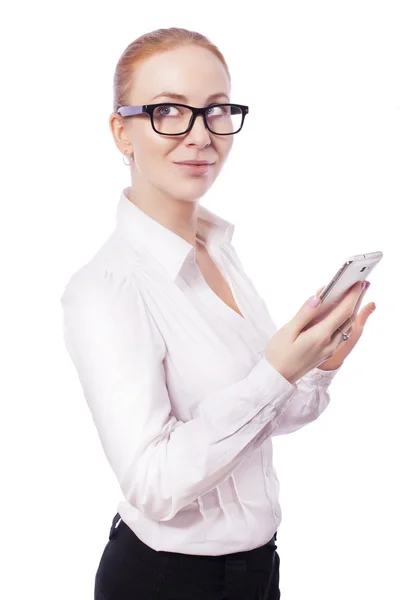 Blonde business woman manager worker in glassess smiles and use — Stock Photo, Image