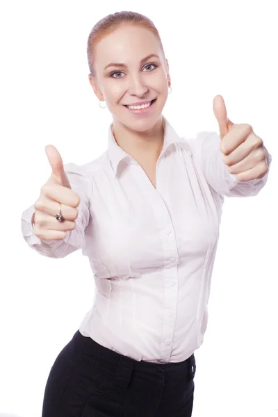 Loira empresária gerente trabalhador sorri e mostra polegares para cima . Imagens Royalty-Free