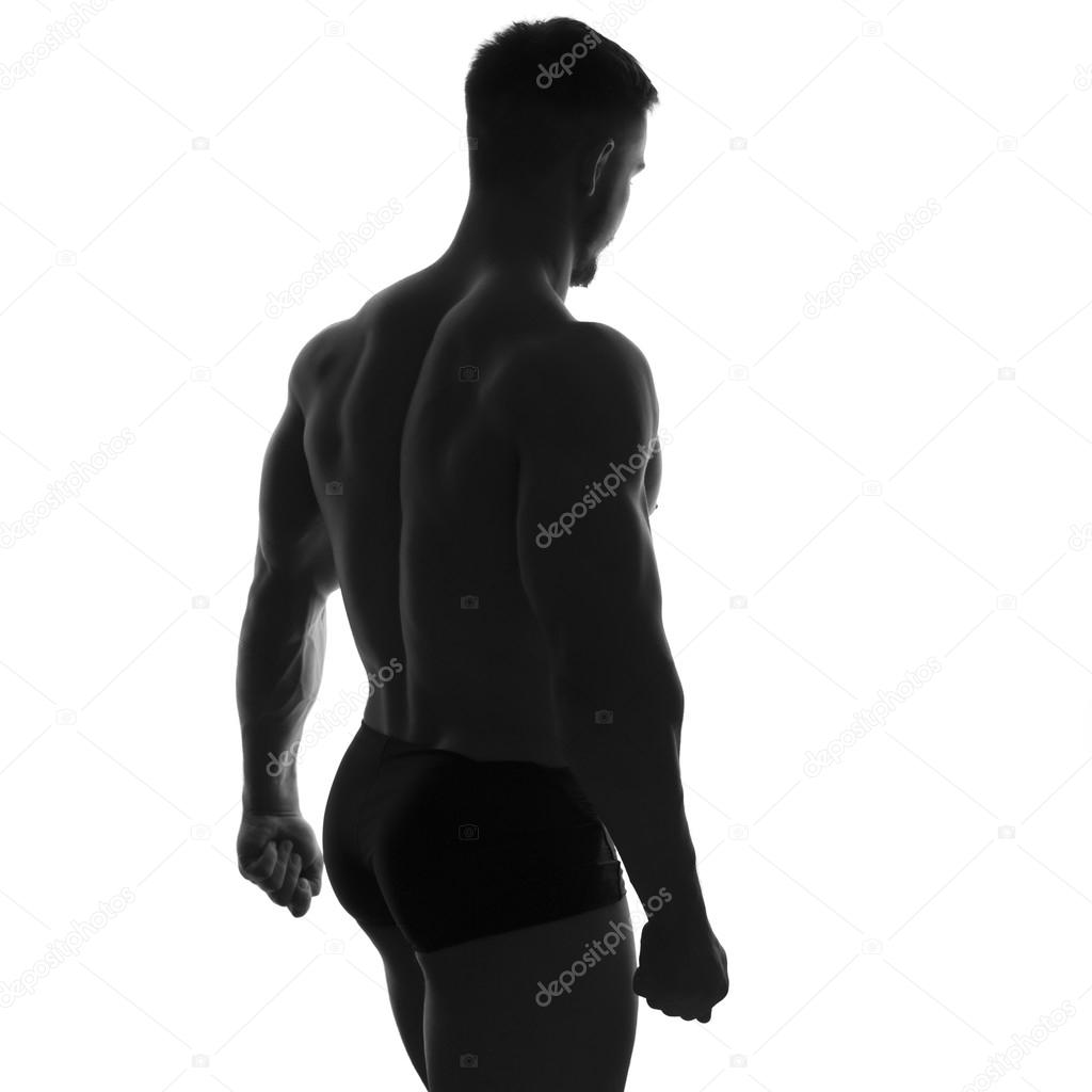 Sexy slim fit man body. Muscled abdomen. Sportswear. Isolated on