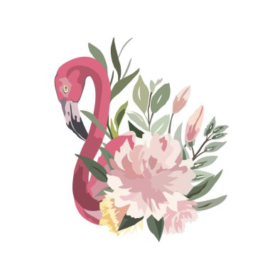 Çiçekli pembe flamingo kuşu. Vektör