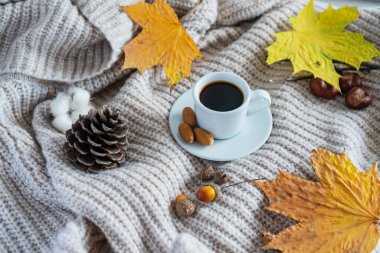 Örgü bir süveterin üzerinde bir kupa kahve var, sonbahar yaprakları yakında.