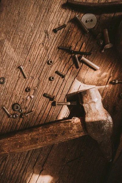 Hammer Nails Wooden Background — Stock Photo, Image