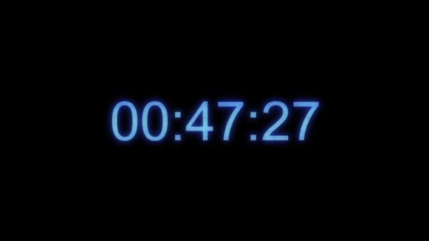 Neon timecode. Hologram effect. Digits on black background Real time. Timecode countdown glitch malfunction real time one minute 30 fps. — Stock Video