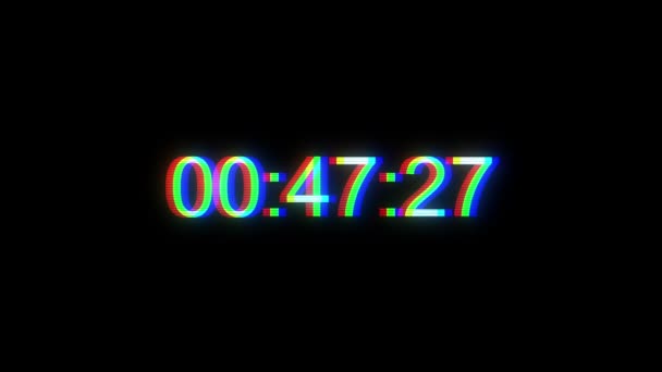 Glitch tijdcode. Gekleurde glinsterende cijfers op zwarte achtergrond Real time. Timecode aftellen storing real time een minuut 30 fps. Glitch-effect. — Stockvideo