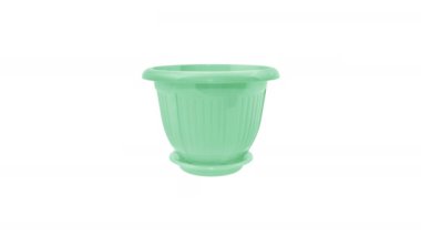 Renkli saksılarla hareketli animasyonu durdurun. Beyaz arka planda saksının rengini değiştirmek. Bahçe mobilyası. 4K, 25Peni.