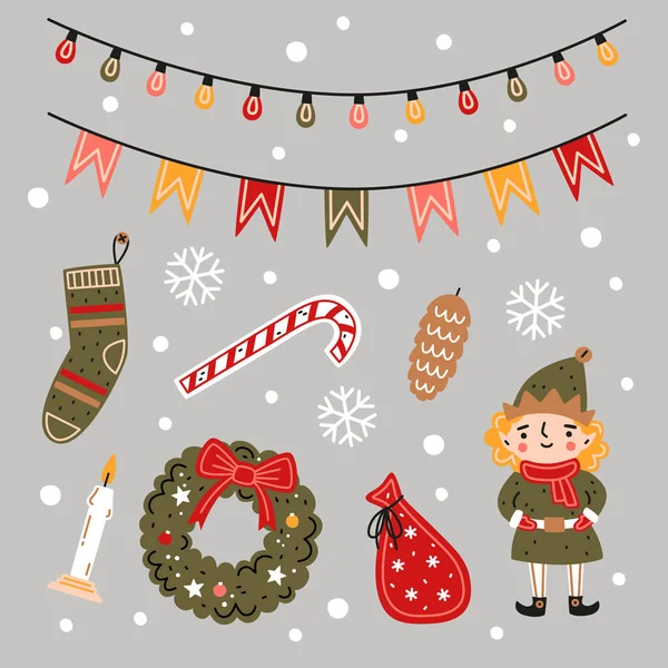 Noel seti. Düz vektör çizimi. Noel elfi, çelenk, hediyeler, mum, çorap, şeker kamışı, çelenk, kozalak kozalaklı kozalak. Yeni Yıl dekoratif unsurları