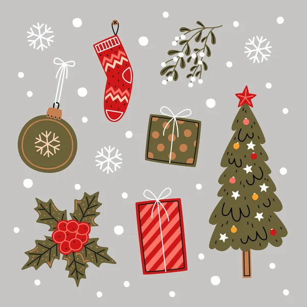 Weihnachtsgeschenk Flache Vektorabbildung Weihnachtsbaum Stechpalme Geschenke Mistel Strumpf Glaskugel Cartoon — Stockvektor