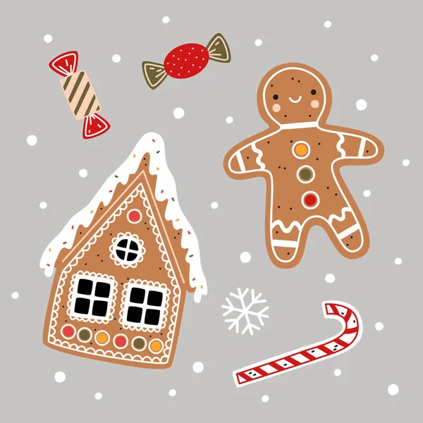 Weihnachtsvektorillustration Lebkuchenhaus Lebkuchenmann Zuckerrohr Und Bonbons Flachen Cartoon Stil Dekorative — Stockvektor