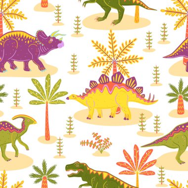 Tyrannosaurus, triceratops, parasaurolophus ve stegosaurus 'ta kusursuz desen. Renkli vektör dinozorlar ve palmiyeler