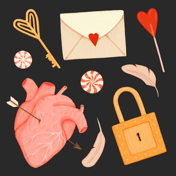 バレンタインデーセット ロック キャンディー 鳥の羽 封筒と黒の背景に矢印でピアス — ストック写真
