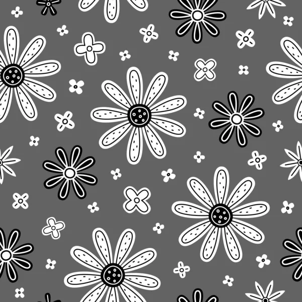 Білі Чорні Векторні Квіти Сірому Фоні Безшовний Візерунок Квітами — стоковий вектор
