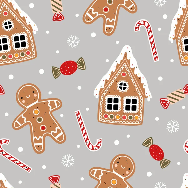 Kusursuz bir Noel deseni. Zencefilli kurabiye adam, şeker kamışı, zencefilli kurabiye evi, şeker, kar taneleri gri arka planda.