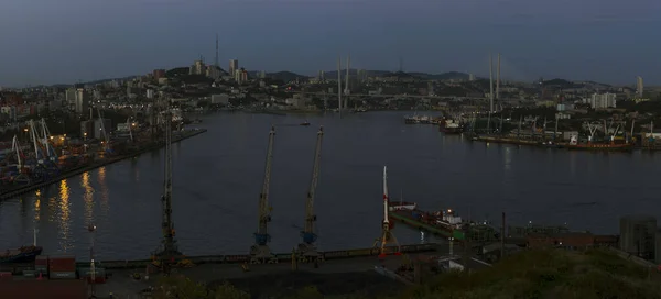 2020 Rusia Primorye Panorama Nocturno Vladivostok Vista Bahía Zolotoy Rog — Foto de Stock