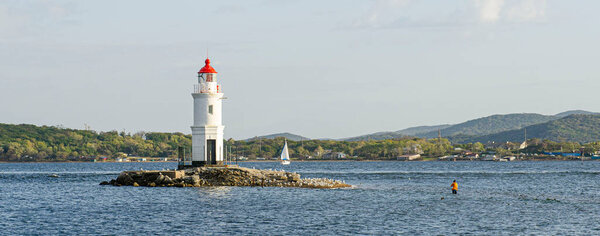 Russia.  Vladivostok. Tokarevskaya Koshka Lighthouse in the Vostochny Bosphor Strait.