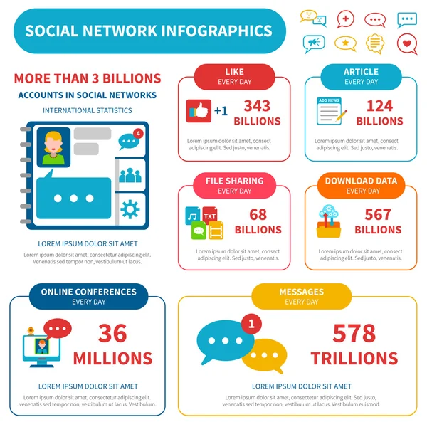 Ensemble d'infographie de réseau social — Image vectorielle