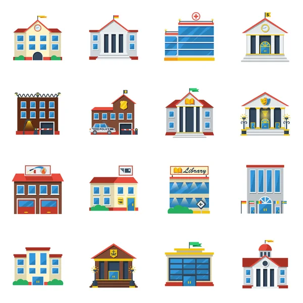 Government Buildings Flat Color Icon Set — Stock Vector