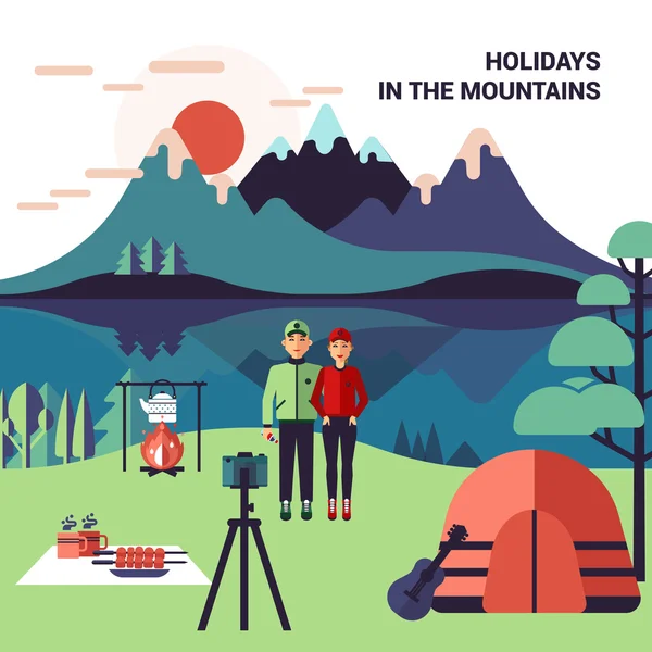 Camping In Mountains Vector Illustration