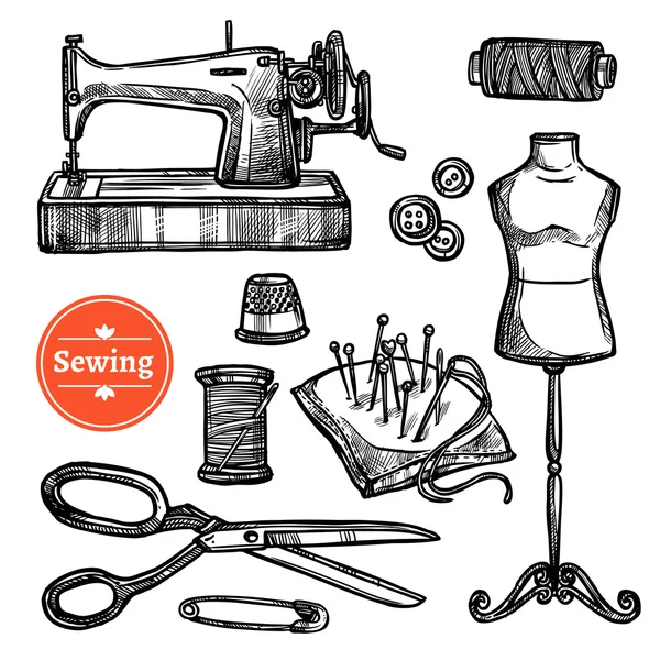 Hand Drawn Sketch Sewing Set — Stock Vector