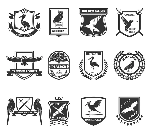 Birds Emblems Coleção ícones pretos — Vetor de Stock