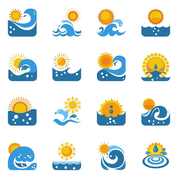 Blue Wave cu set de icoane de soare — Vector de stoc