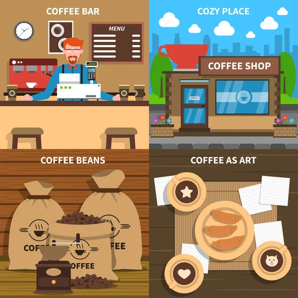 Café Concepto 4 Iconos Planos Cuadrado — Vector de stock