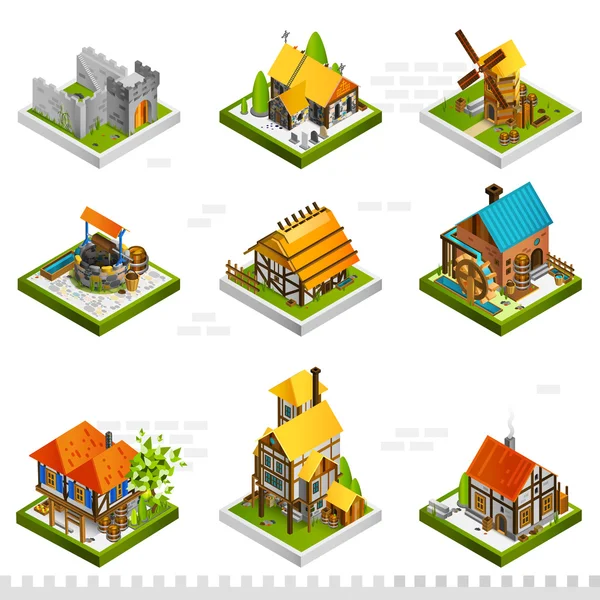 Medieval Buildings Isometric Collection — Stock Vector