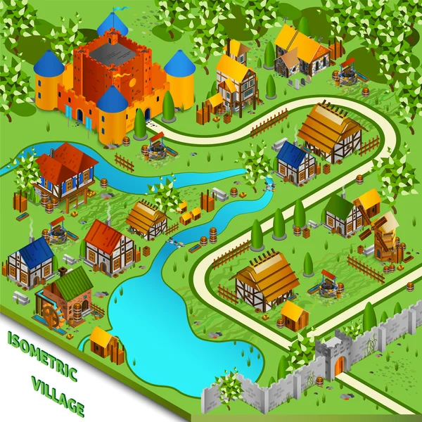 Medieval Village Isometric Landscape — Stock Vector