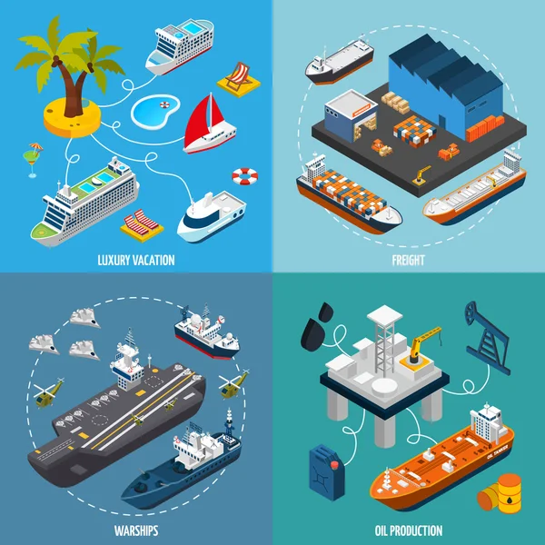 Schiffe Boote 4 isometrische Symbole Quadrat — Stockvektor