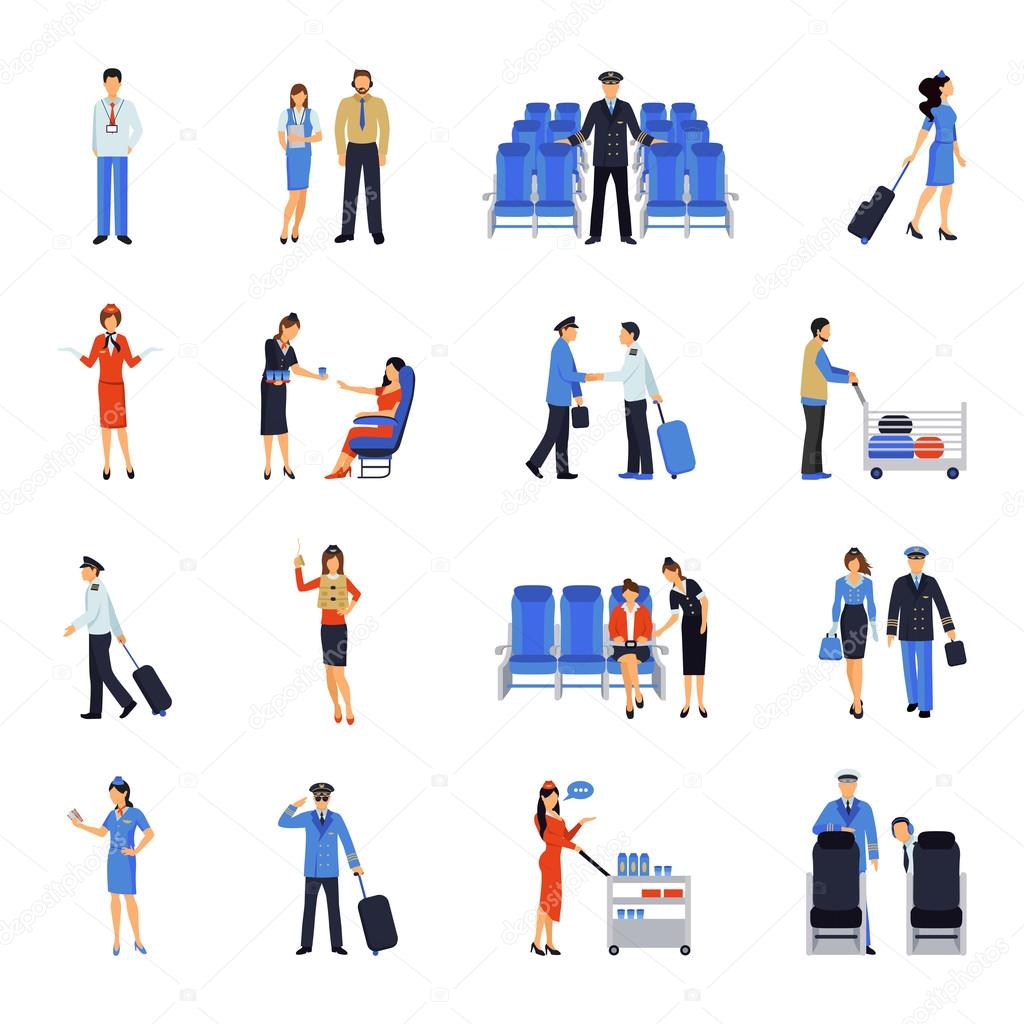 Pilot And Stewardess Flat Icons Set