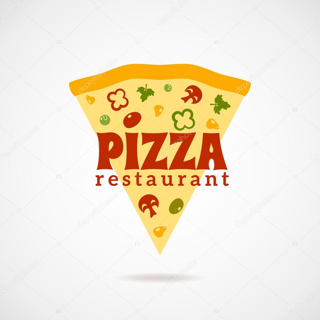 Pizza restaurant logo with a piece of pizza with vegetables and mushrooms flat vector illustration