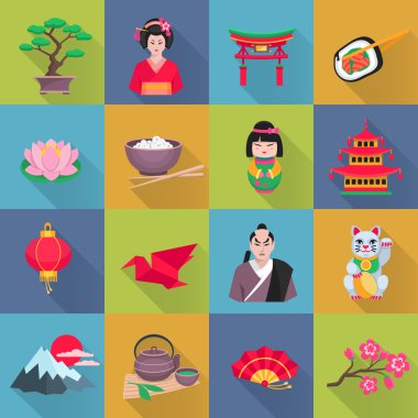 Japon kültürünün sembolleri düz Icons Set