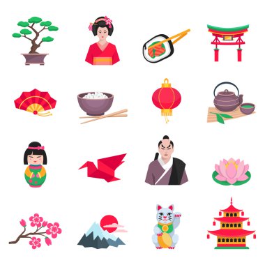 Japon kültürünün sembolleri düz Icons Set