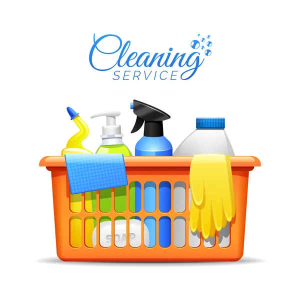 Productos de limpieza del hogar en la ilustración de la cesta — Vector de stock