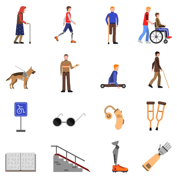 Disabled Handicapped People Flat Icons Set — Stock Vector