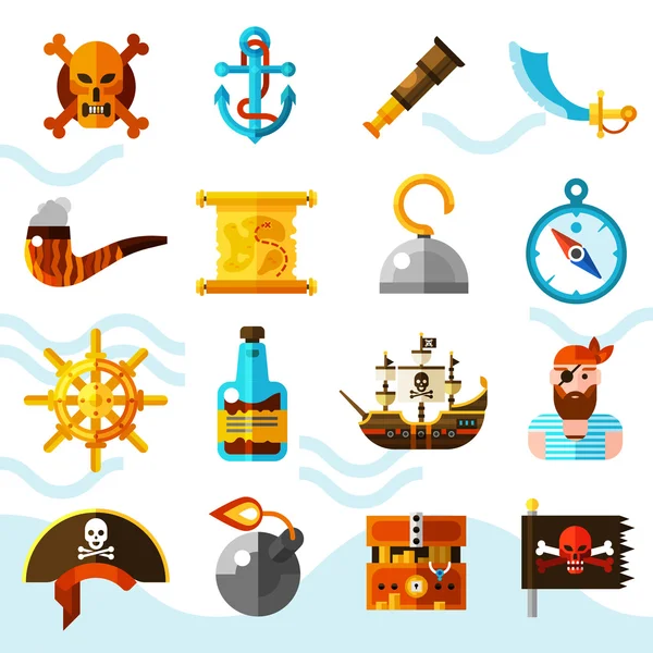 Комплект пиратских цветных иконок — стоковый вектор