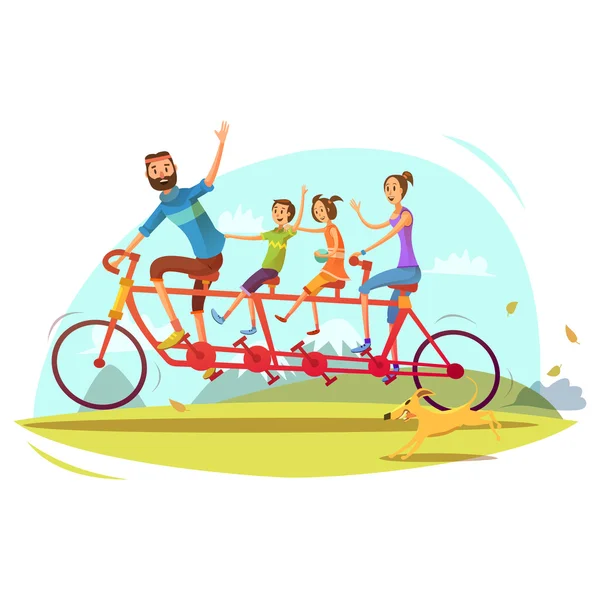 Familia y bicicleta ilustración de dibujos animados — Vector de stock