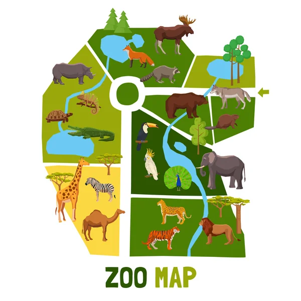 Mappa zoo dei cartoni animati con animali — Vettoriale Stock