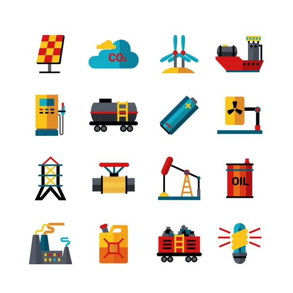 Conjunto de iconos planos de producción industrial de energía — Vector de stock