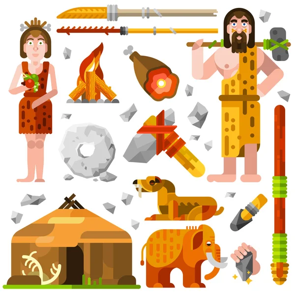 Prehistoric Stone Age Caveman Icons — Stock Vector