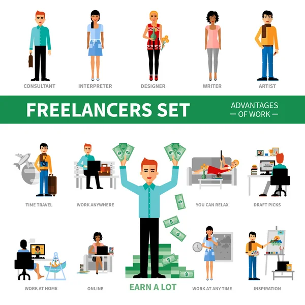 Freelancers ensemble avec les avantages du travail — Image vectorielle