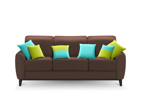 Bruin realistische Sofa met decoratieve kussens — Stockvector