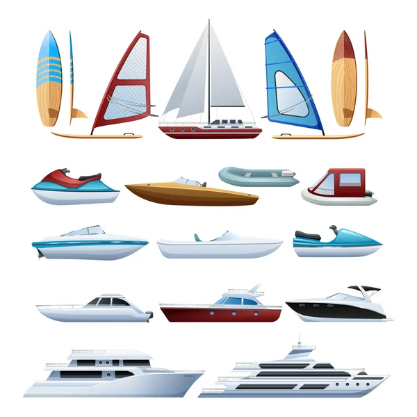 Conjunto de iconos planos para barcos y windsurfistas — Vector de stock