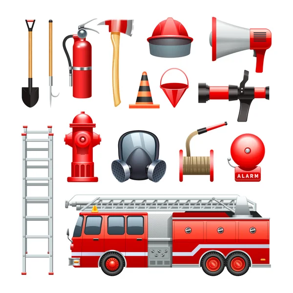Tűzoltó berendezések és gépek ikonok beállítása — Stock Vector
