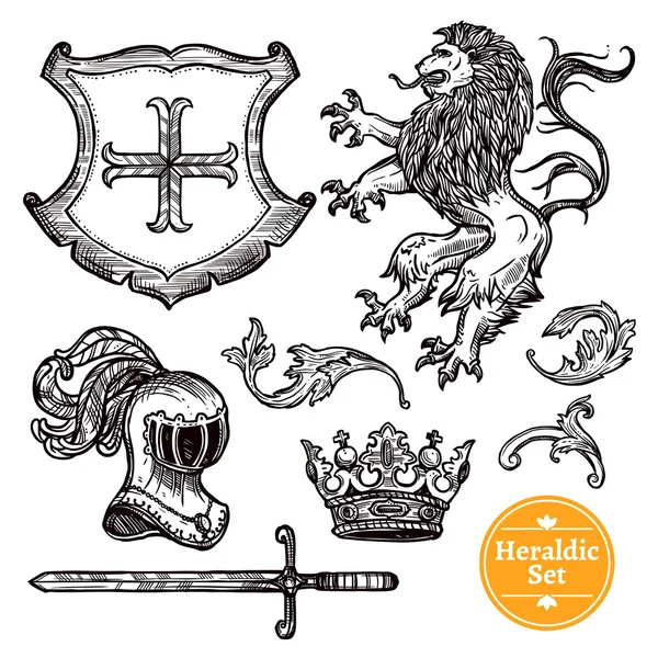 Heraldické symboly sada černá Doodle skica — Stockový vektor