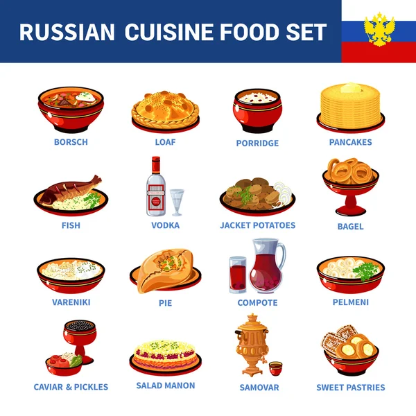 Rosyjska kuchnia dania płaski ikony kolekcja — Wektor stockowy