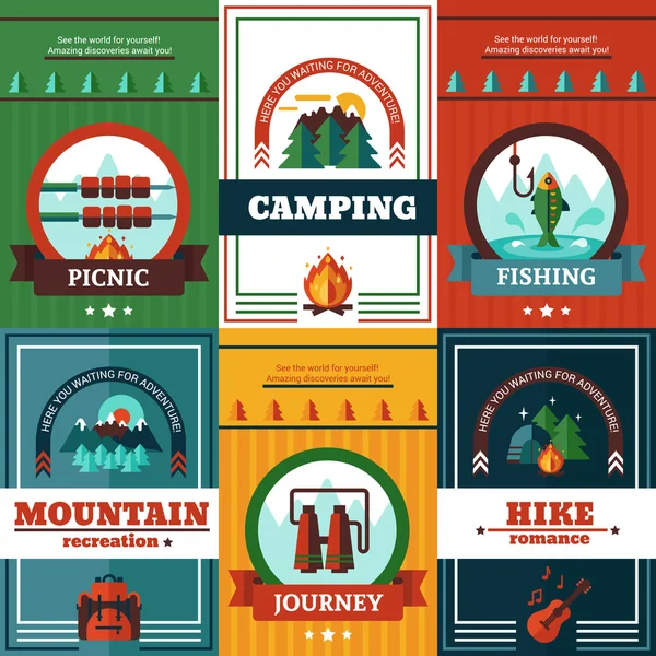 Camping cartel conjunto — Archivo Imágenes Vectoriales