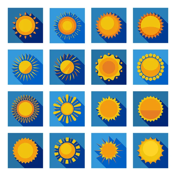 Ícones planos de sol em quadrados azuis isolados — Vetor de Stock