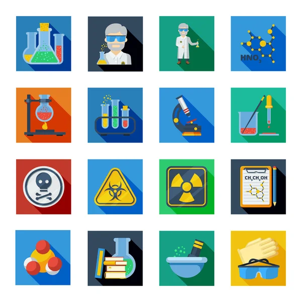 Iconos planos de química fijados en cuadrados coloridos — Vector de stock